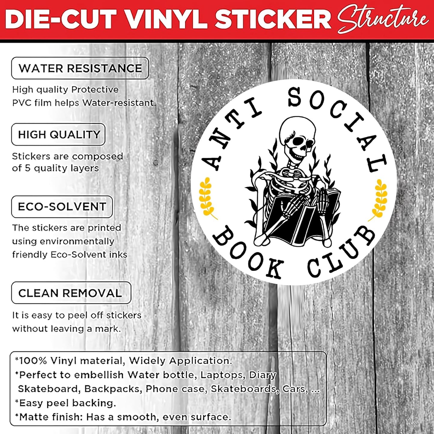 Sticker Master Anti-Social Book Club Skeleton Stickers – 3-Pack of 3-Inch Waterproof Vinyl Decals for Laptop, Water Bottle, Hard Hat, Tool Box & More – Gift for Book Lovers