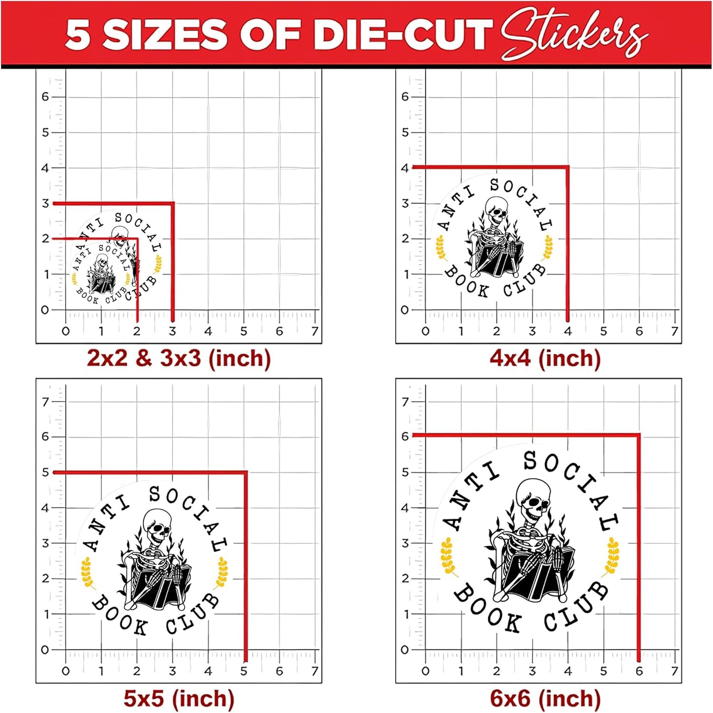 Sticker Master Anti-Social Book Club Skeleton Stickers – 3-Pack of 3-Inch Waterproof Vinyl Decals for Laptop, Water Bottle, Hard Hat, Tool Box & More – Gift for Book Lovers