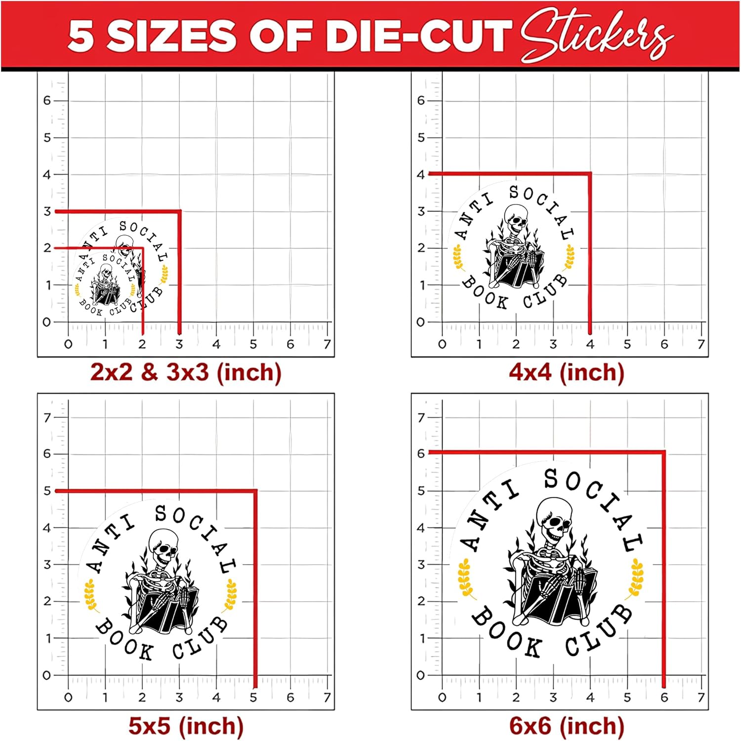 Sticker Master Anti-Social Book Club Skeleton Stickers – 3-Pack of 3-Inch Waterproof Vinyl Decals for Laptop, Water Bottle, Hard Hat, Tool Box & More – Gift for Book Lovers