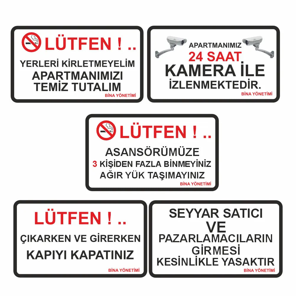 Apartman Uyarı Levhaları Seti 5 Parça Bina Yönetimi | Sticker Master Sticker Master