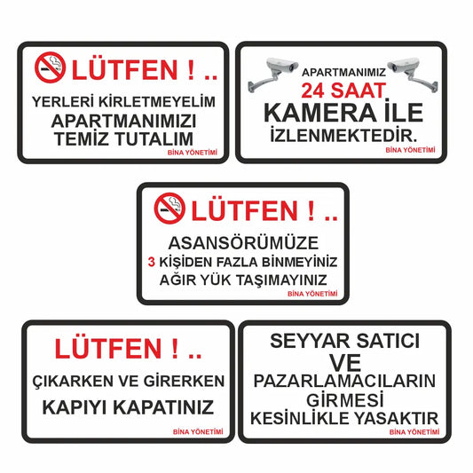 Apartman Uyarı Levhaları Seti 5 Parça Bina Yönetimi | Sticker Master Sticker Master