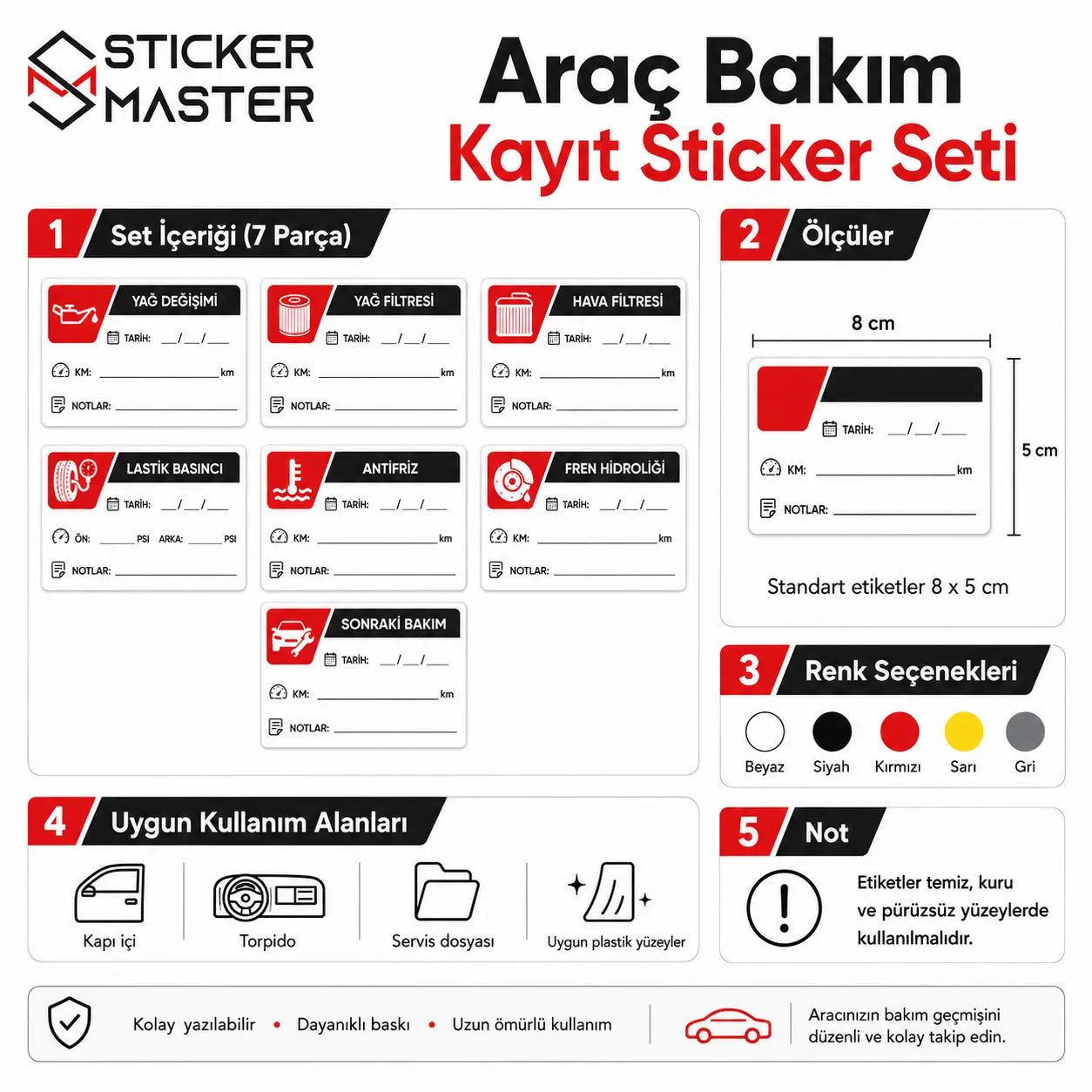 Arac Bakim Kayit Sticker Seti icerik