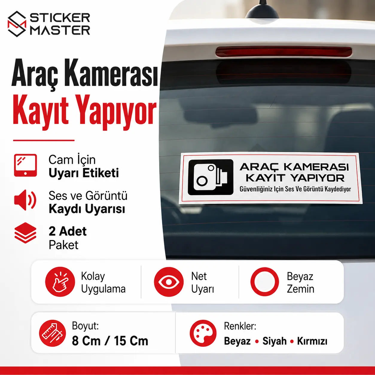 Araç Kamera Kayıt Sticker | Cam İçin Ses ve Görüntü Kaydı Uyarı Etiketi - 2 Adet boyut