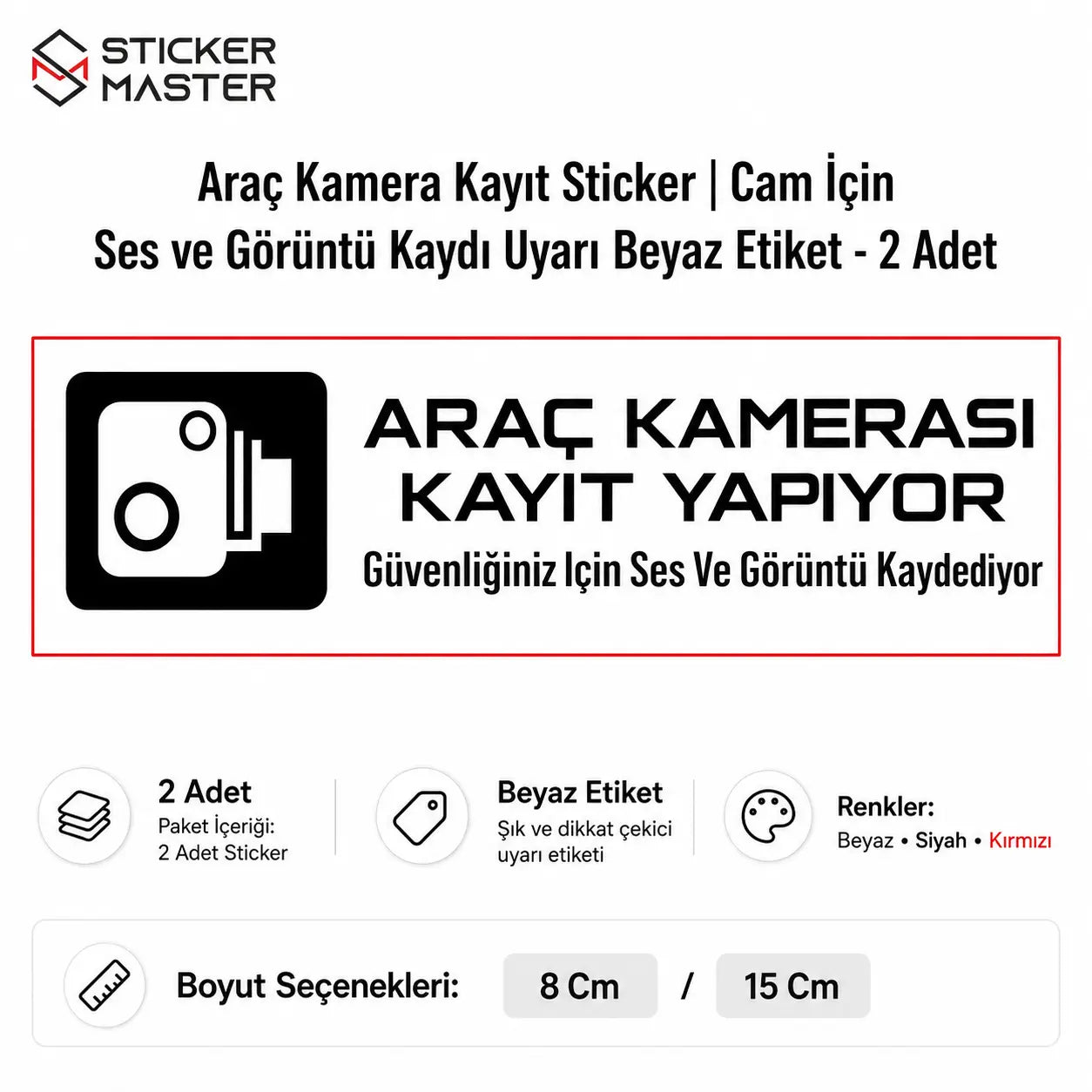 Araç Kamera Kayıt Sticker | Cam İçin Ses ve Görüntü Kaydı Uyarı Etiketi - 2 Adet boyutları