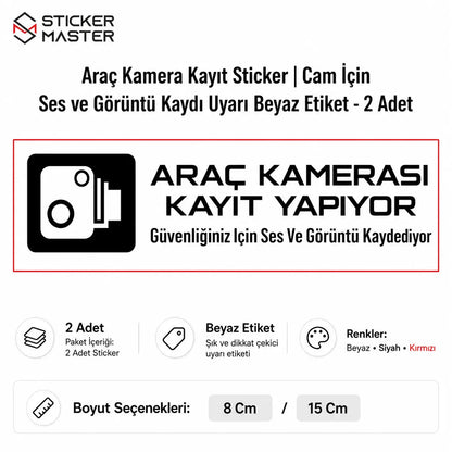 Araç Kamera Kayıt Sticker | Cam İçin Ses ve Görüntü Kaydı Uyarı Etiketi - 2 Adet boyutları