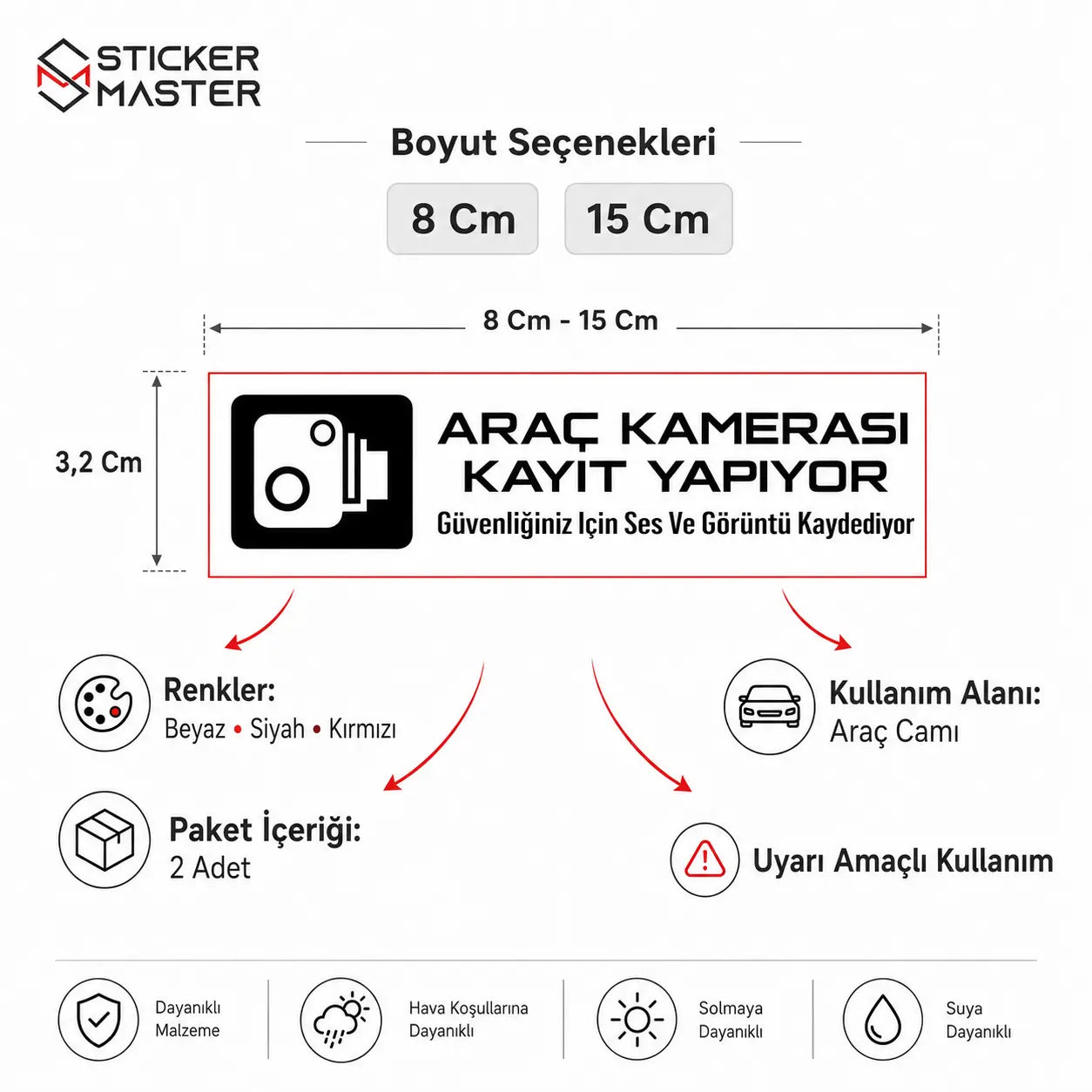 Araç Kamera Kayıt Sticker | Cam İçin Ses ve Görüntü Kaydı Uyarı Etiketi - 2 Adet detaylar