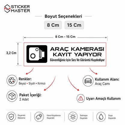 Araç Kamera Kayıt Sticker | Cam İçin Ses ve Görüntü Kaydı Uyarı Etiketi - 2 Adet detaylar