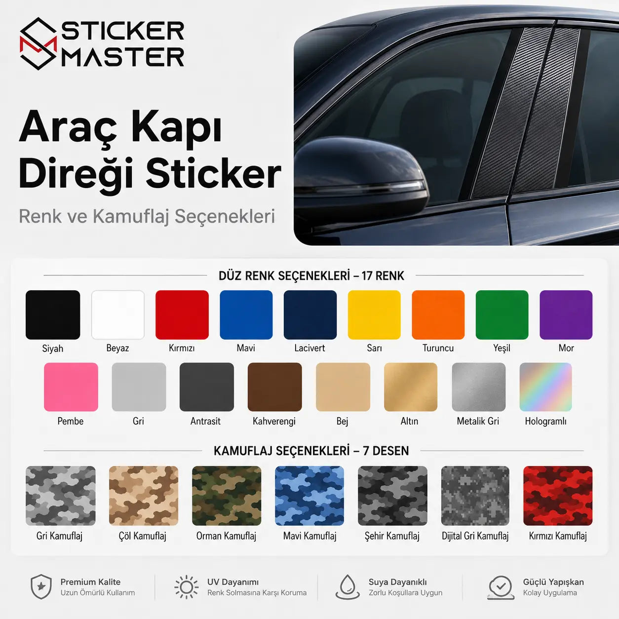 Arac Kapi Diregi Sticker | B Sutunu Cizik Kapatici (2 Adet) renkler ve detaylar