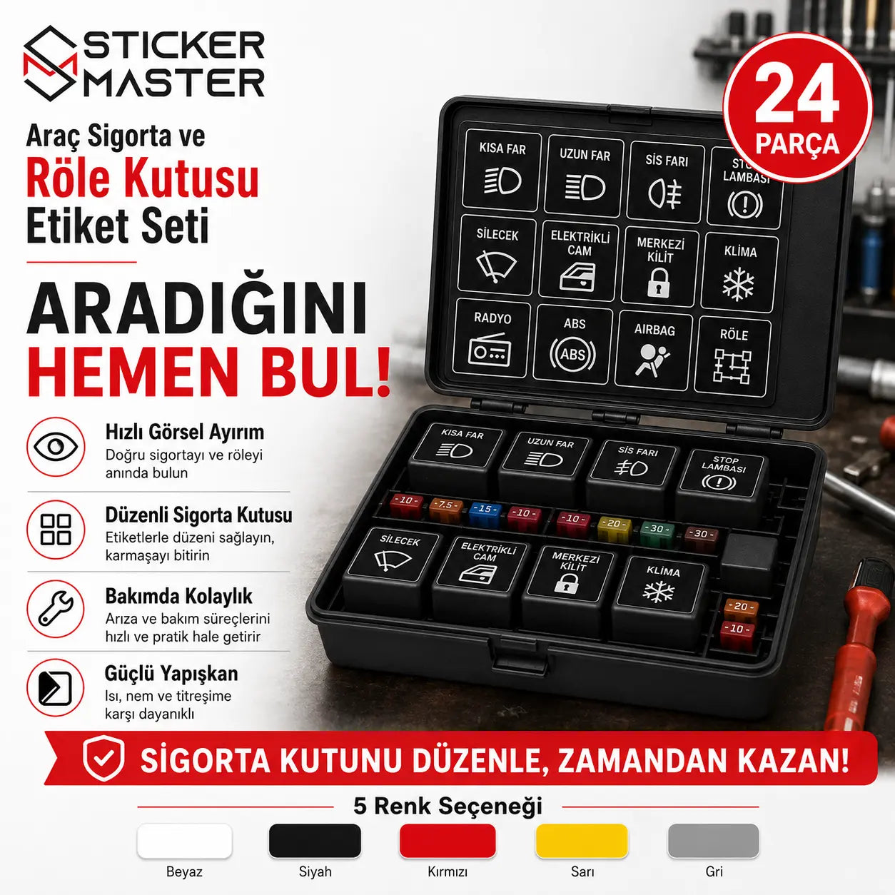 Arac Sigorta ve Role Kutusu Etiket Seti 24 Parca