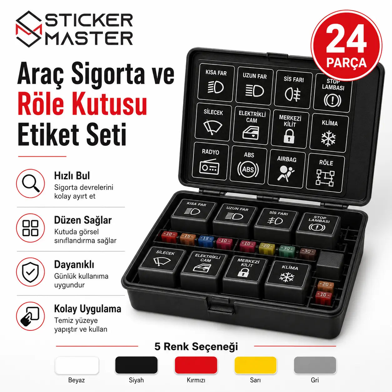 Arac Sigorta ve Role Kutusu Etiket Seti 24 Parca ads