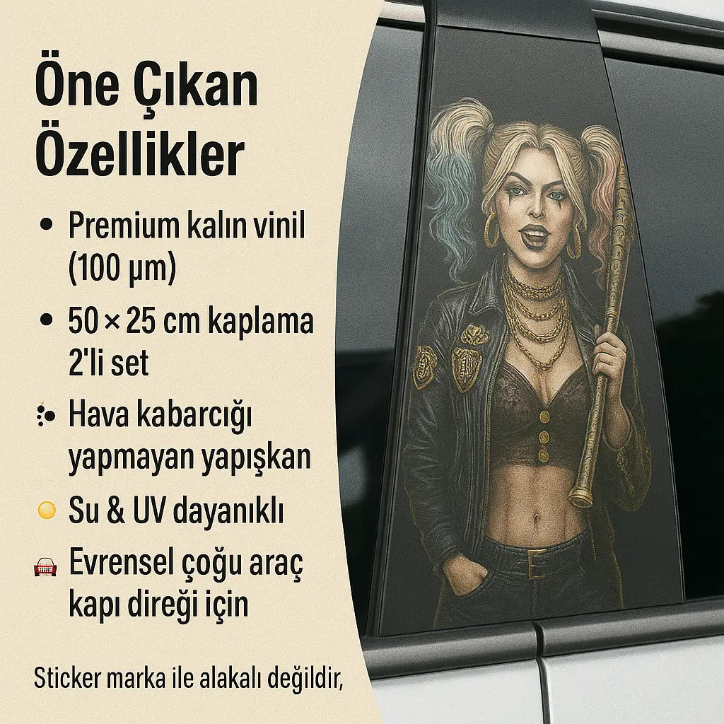 Sticker Master Asi Kız Araç Harley Q. Luxury Kapı Direk Kaplama – 2 Adet 50 × 25 cm (19.7" × 9.8") | Dijital Baskı Vinil Folyo Sticker | Universal Otomobil Kapı Sütunu Wrap - Sticker Master