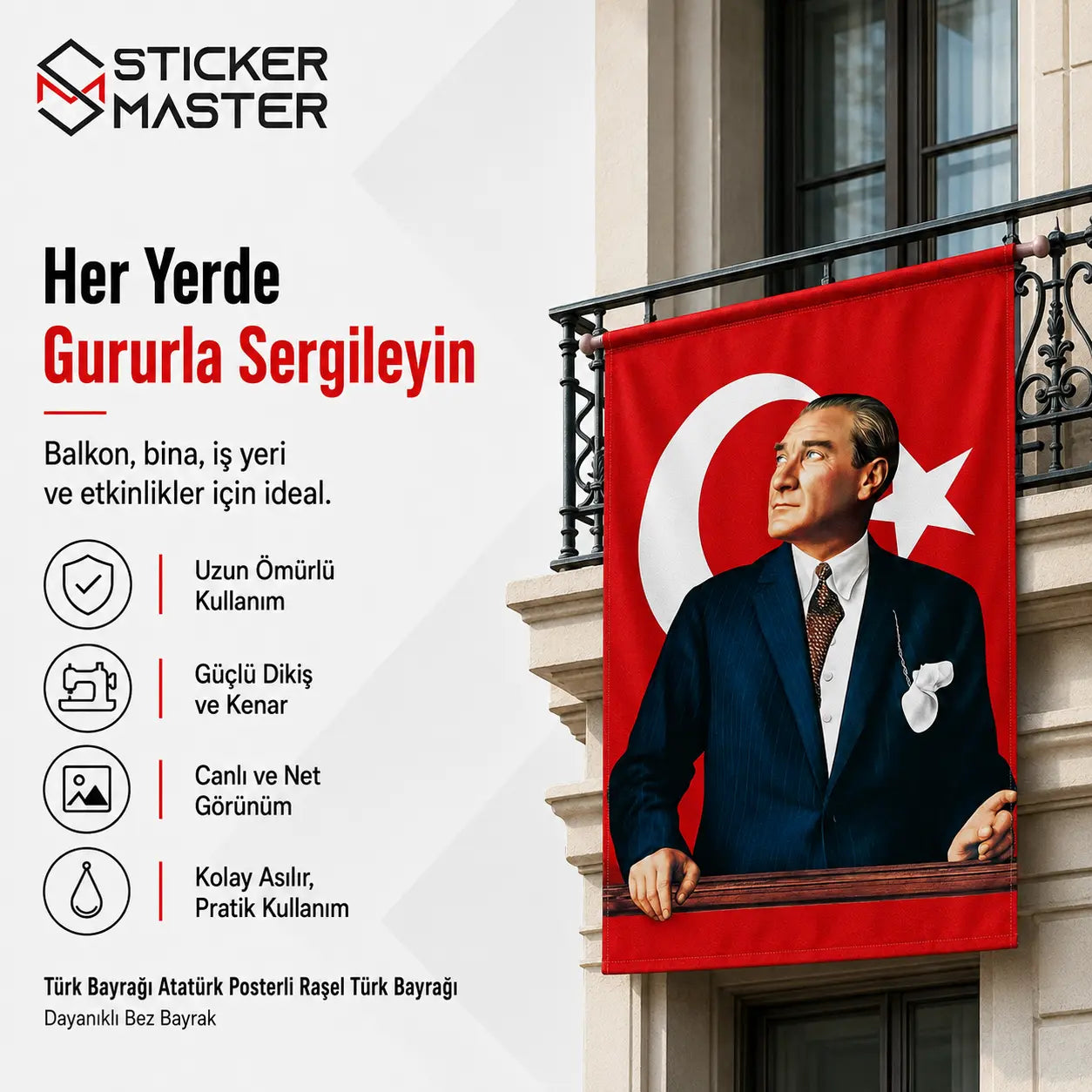 Ataturk Baskili Turk Bayragi + Hediye Ataturk Sticker