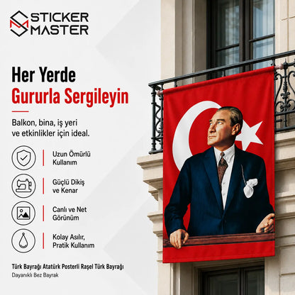 Ataturk Baskili Turk Bayragi + Hediye Ataturk Sticker