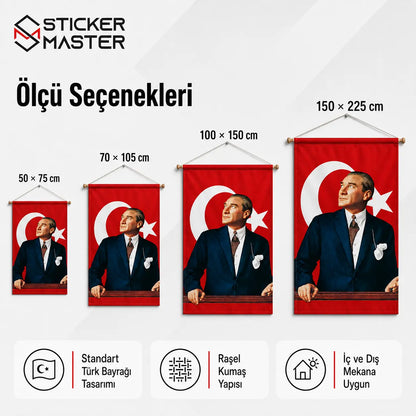 Ataturk Baskili Turk Bayragi + Hediye Ataturk Sticker boyutlar