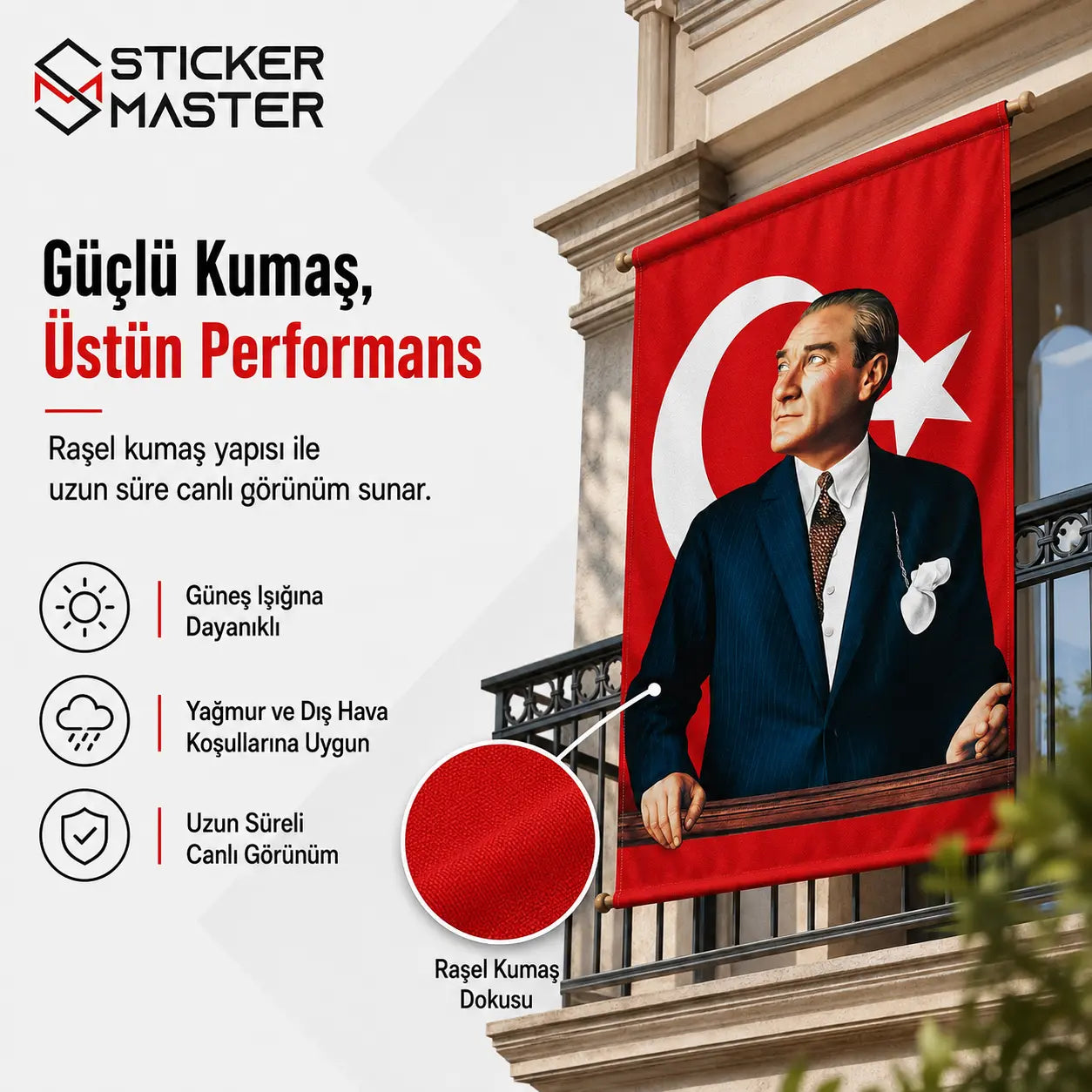 Ataturk Baskili Turk Bayragi + Hediye Ataturk Sticker detaylar