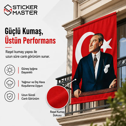 Ataturk Baskili Turk Bayragi + Hediye Ataturk Sticker detaylar