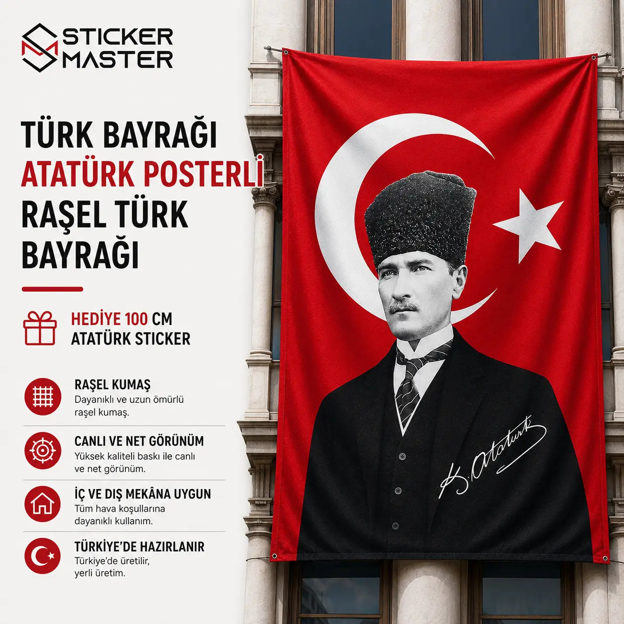Ataturk Posterli Buyuk Ebat Turk Bayragi – Rasel Kumas