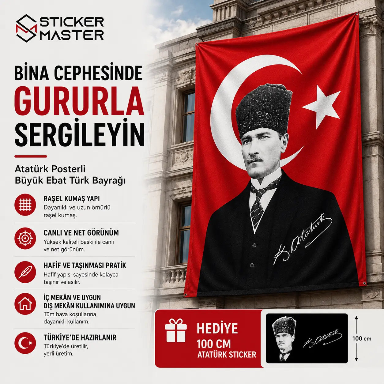 Ataturk Posterli Buyuk Ebat Turk Bayragi – Rasel Kumas bina gorunum