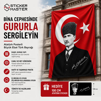 Ataturk Posterli Buyuk Ebat Turk Bayragi – Rasel Kumas bina gorunum
