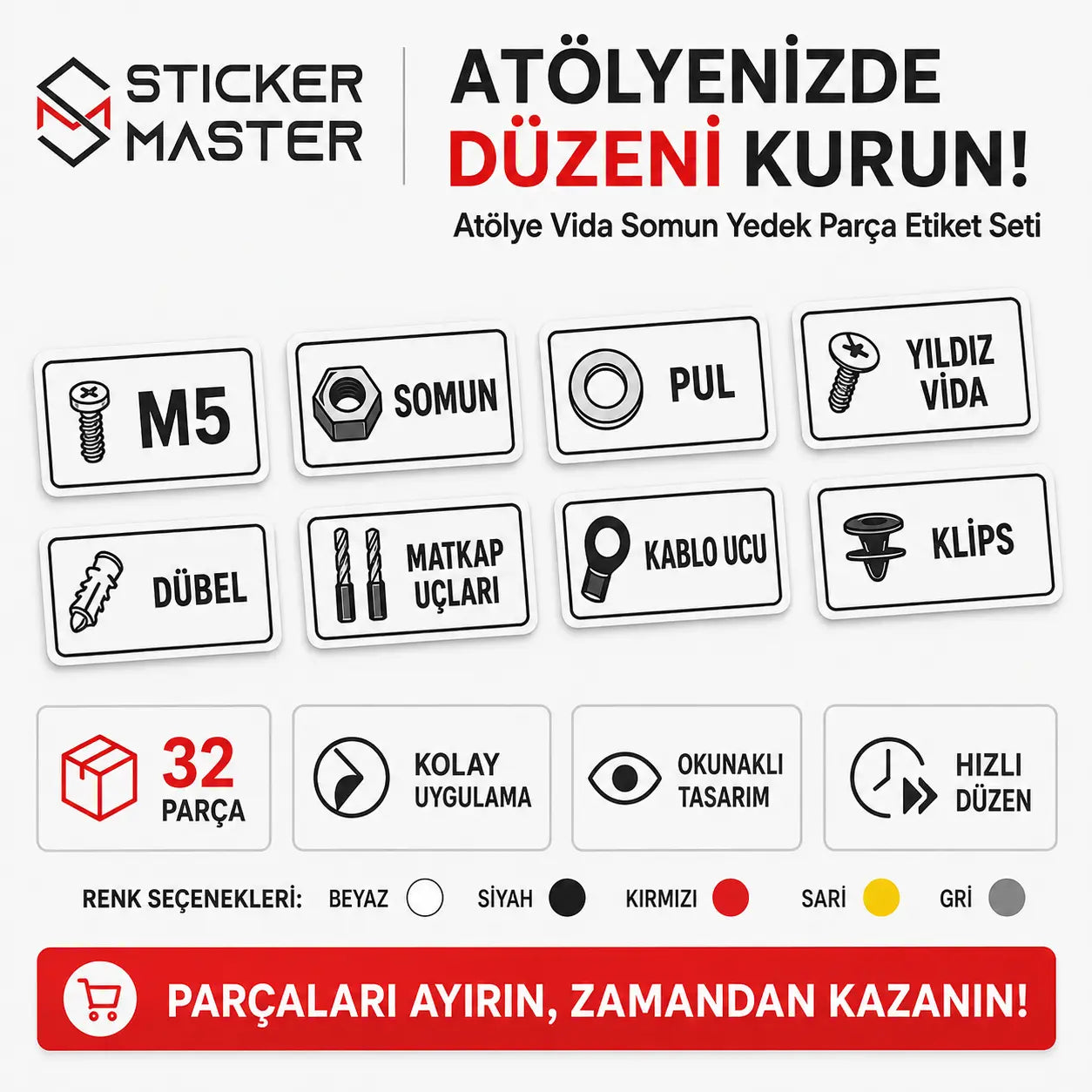 Atolye Vida Somun Yedek Parca Etiket Seti icerik