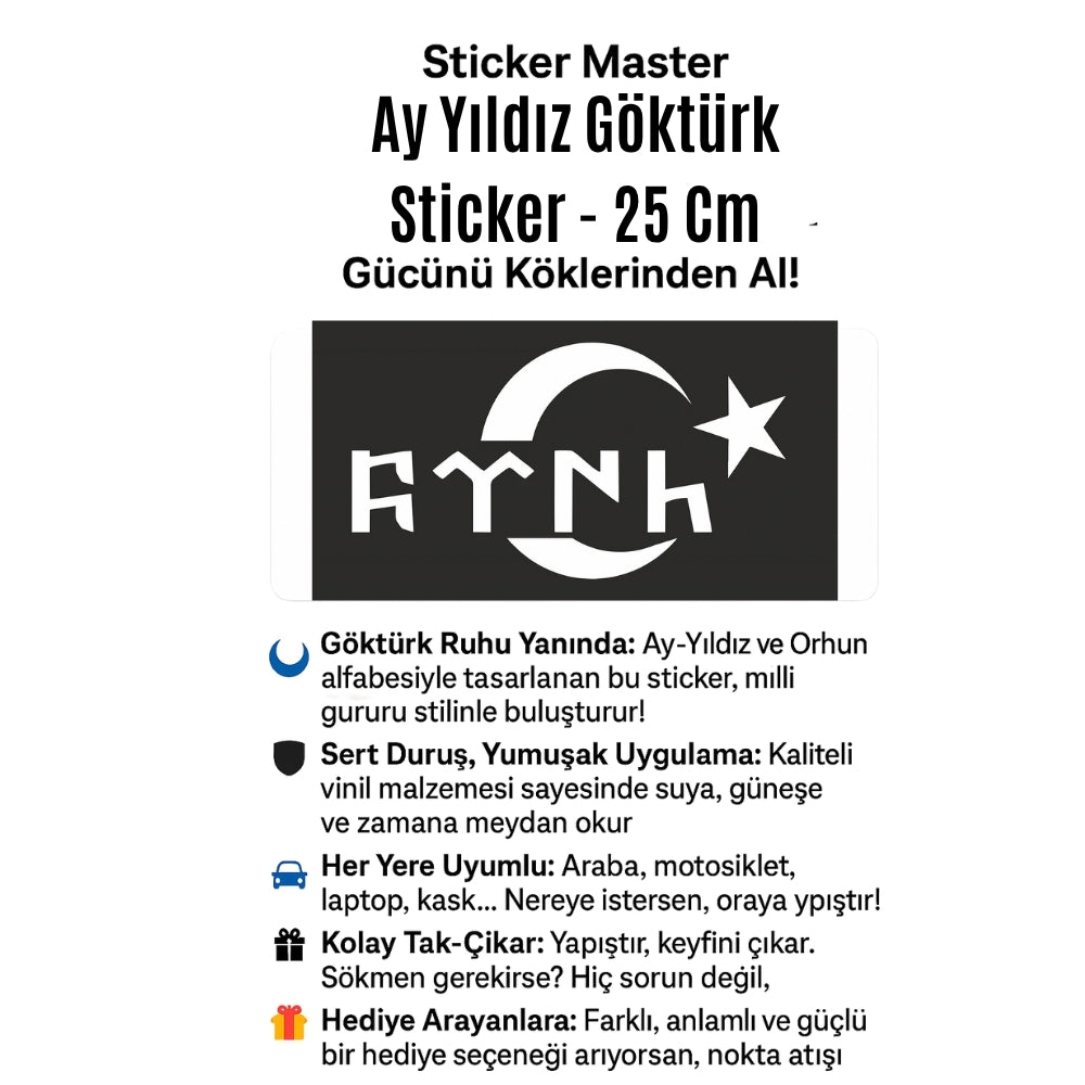 Sticker Master Ay Yıldız Göktürk Sticker Motor, Kask, Laptop, Araba, Oto Araç İçin Dayanıklı Etiket Decal 25 Cm