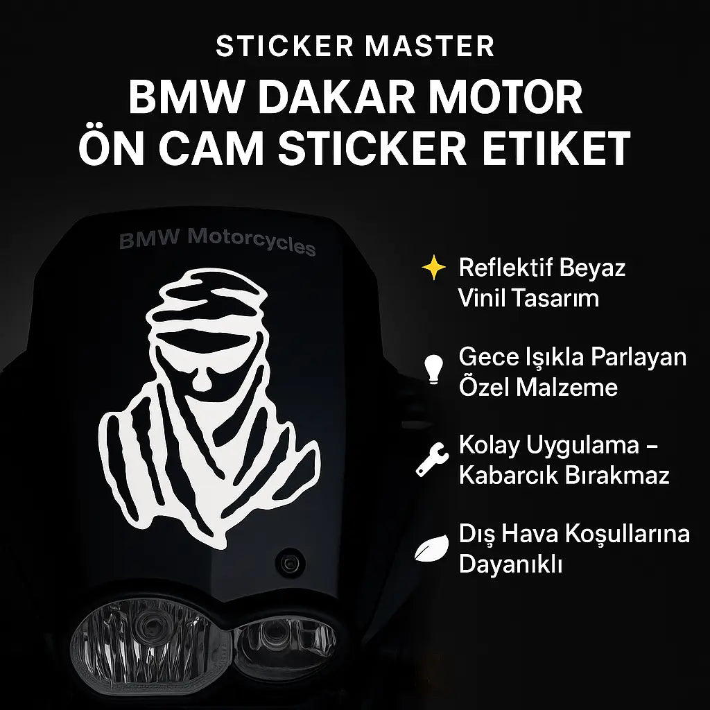 Sticker Master BMW Dakar Motor Ön Cam Sticker Etiket – Beyaz Tasarım Sticker Master