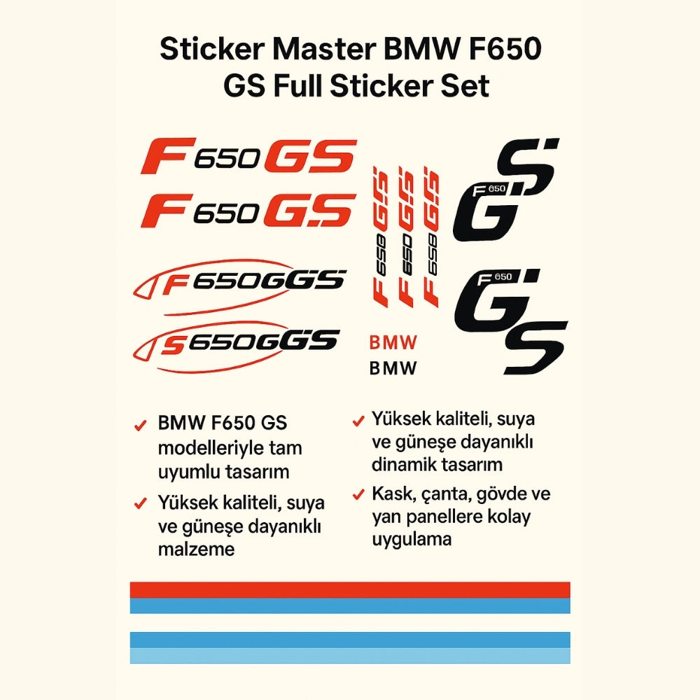 Sticker Master BMW F650 GS Full Sticker Set – Mavi Kırmızı Şeritli Motor Etiket Takımı