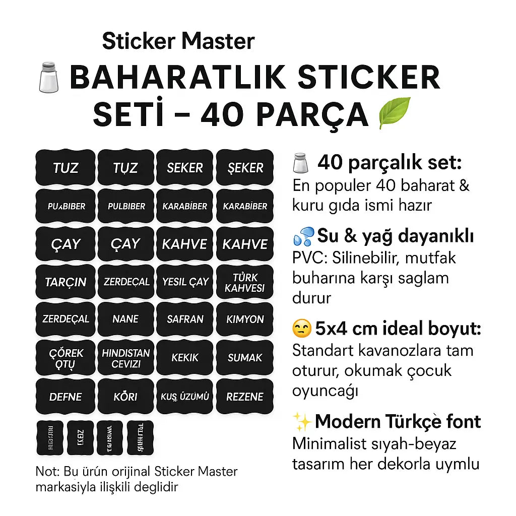 Sticker Master Baharatlık Sticker Seti – 40 Parça Su-&-Yağ Dayanıklı Kavanoz Etiketi - Sticker Master