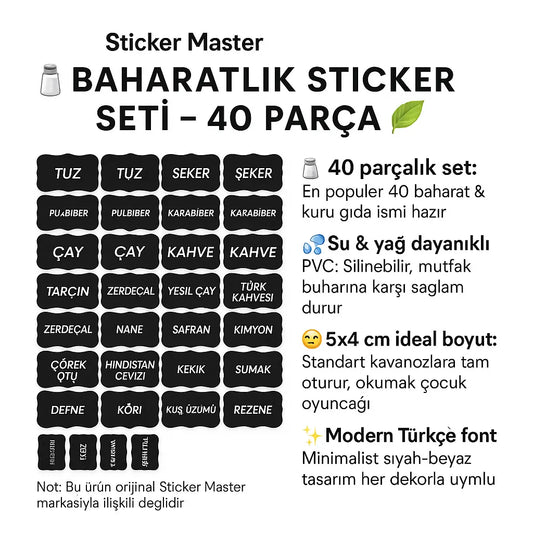 Sticker Master Baharatlık Sticker Seti – 40 Parça Su-&-Yağ Dayanıklı Kavanoz Etiketi - Sticker Master