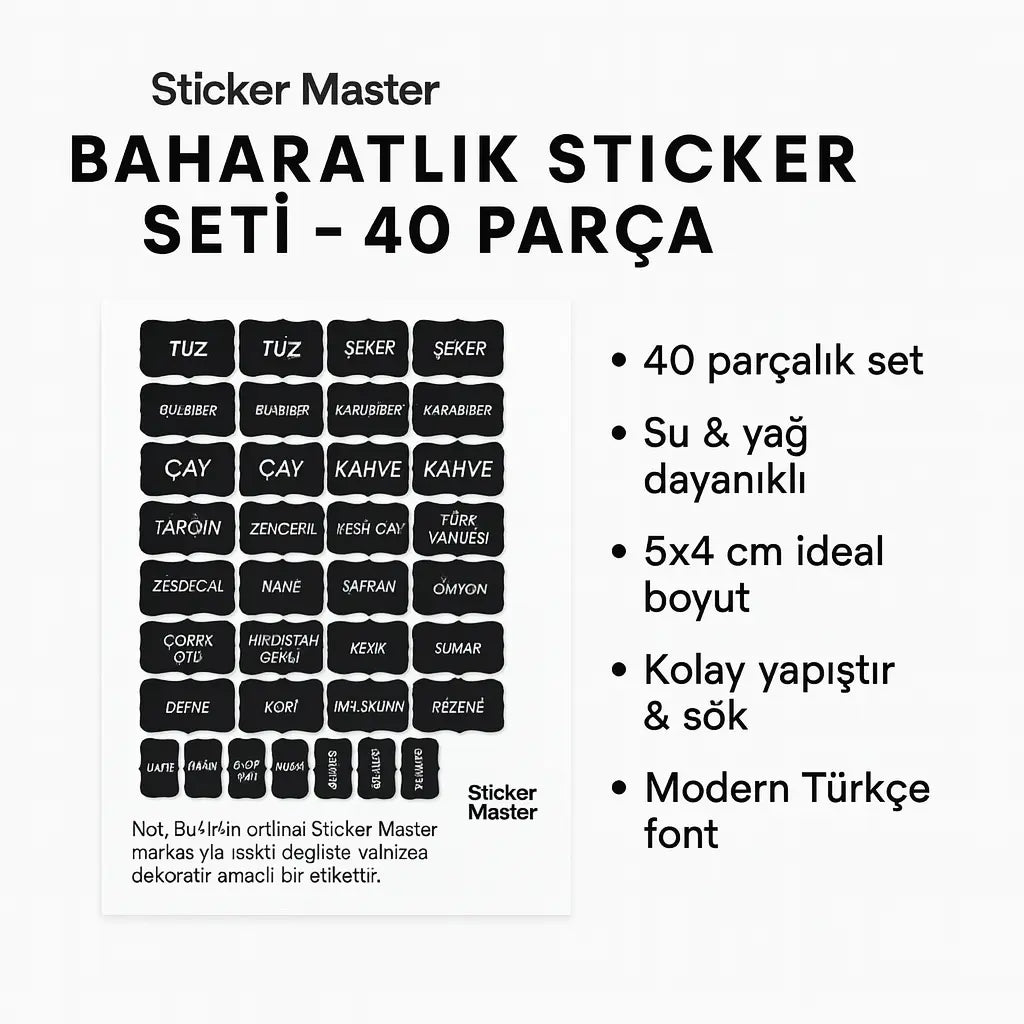 Sticker Master Baharatlık Sticker Seti – 40 Parça Su-&-Yağ Dayanıklı Kavanoz Etiketi - Sticker Master