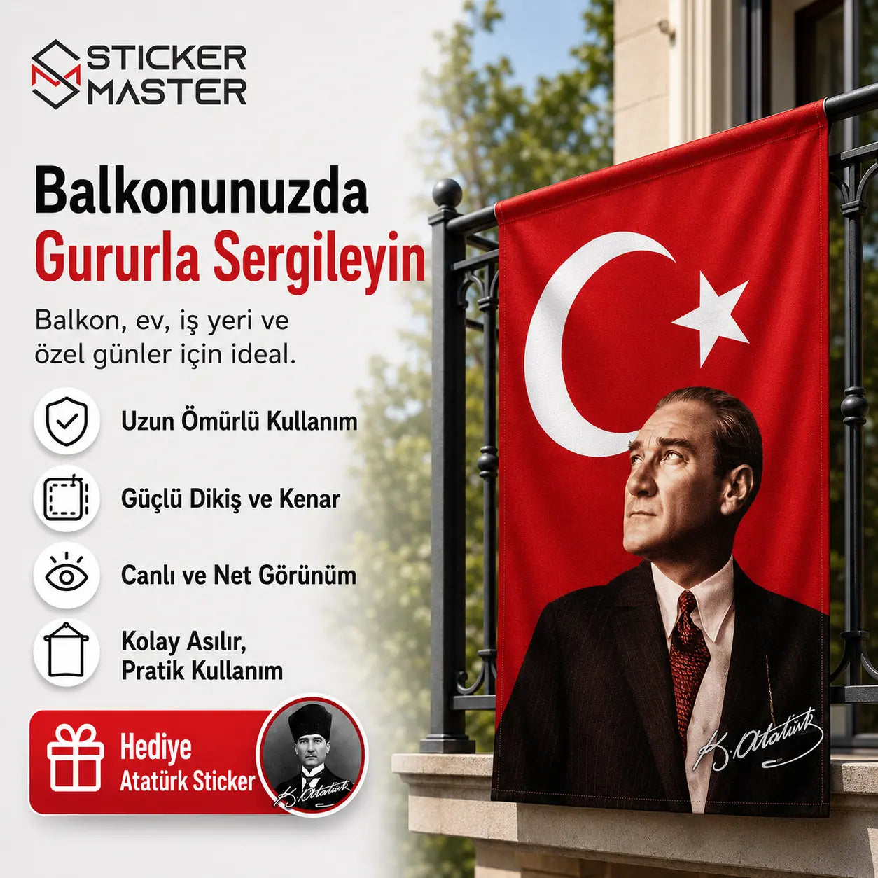 Balkon Icin Ataturk Bayragi – Dayanikli Bez Bayrak | Hediye Ataturk Sticker