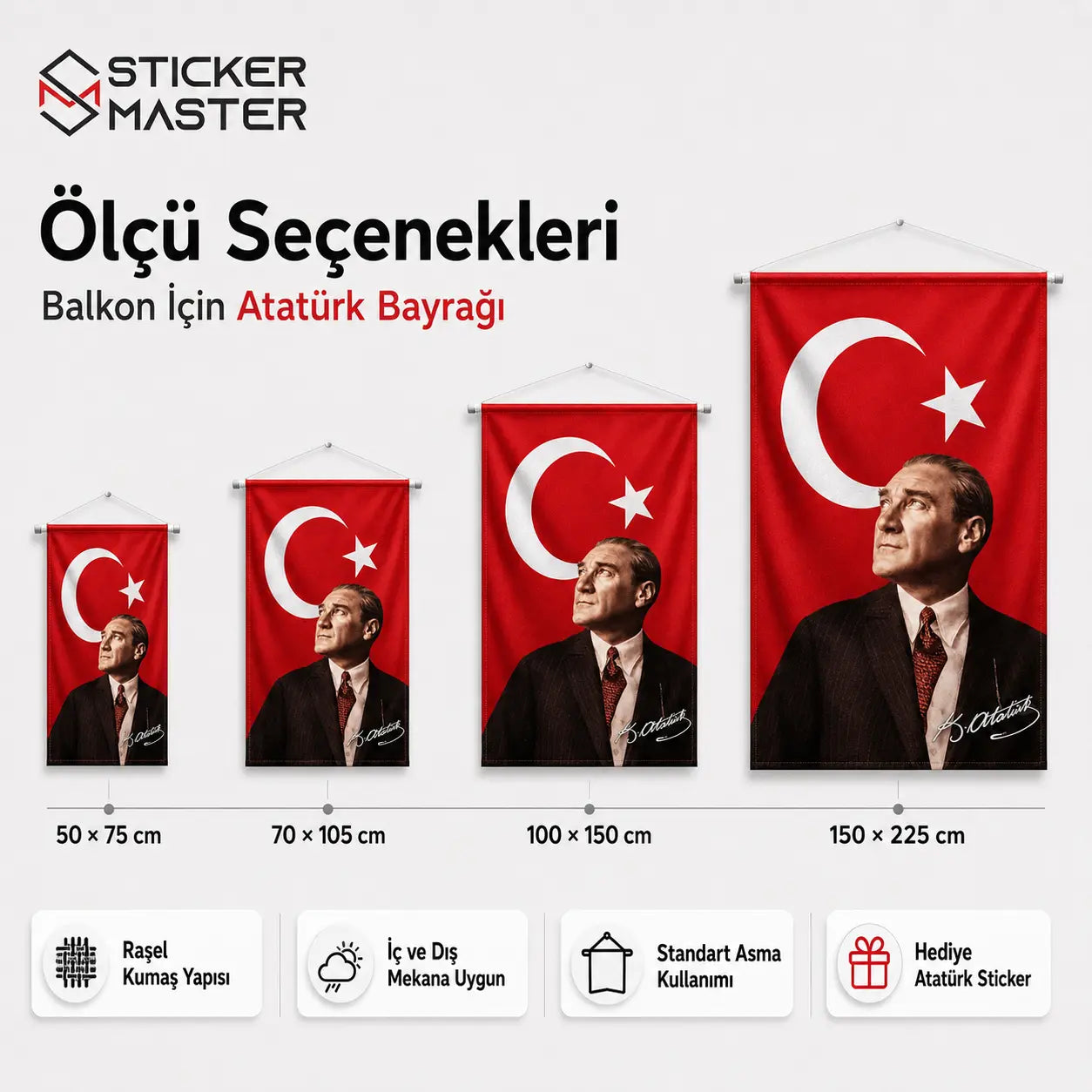 Balkon Icin Ataturk Bayragi – Dayanikli Bez Bayrak | Hediye Ataturk Sticker olculer
