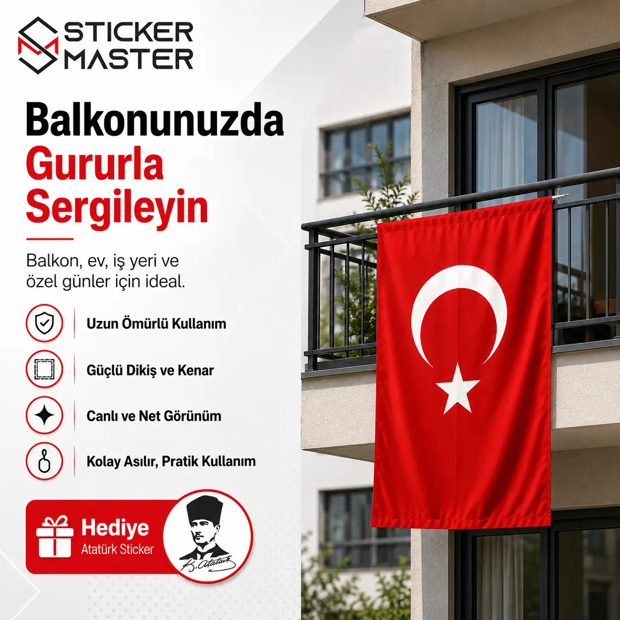 Balkon Icin Turk Bayragi – Dayanikli Bez Bayrak | Hediye Ataturk Sticker detay