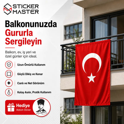 Balkon Icin Turk Bayragi – Dayanikli Bez Bayrak | Hediye Ataturk Sticker detay