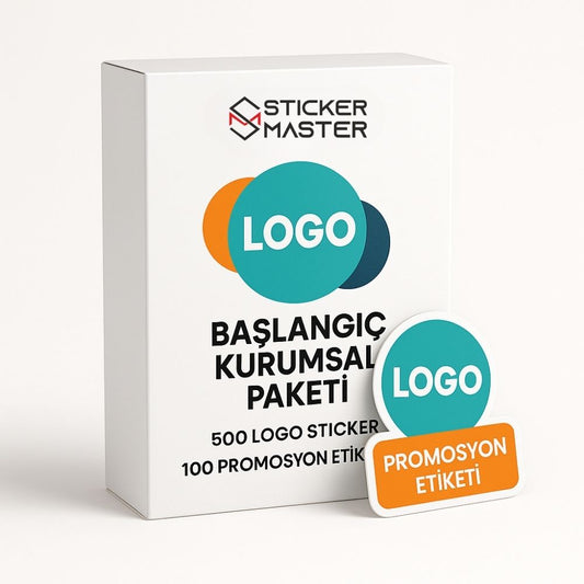 Sticker Master – Başlangıç Kurumsal Paketi: 500 Logo Sticker + 100 Promosyon Etiketi