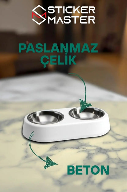 Sticker Master Beton Çift Hazneli Paslanmaz Çelik Kedi ve Köpek Mama Kabı-Şık ve Dayanıklı Tasarım - Sticker Master