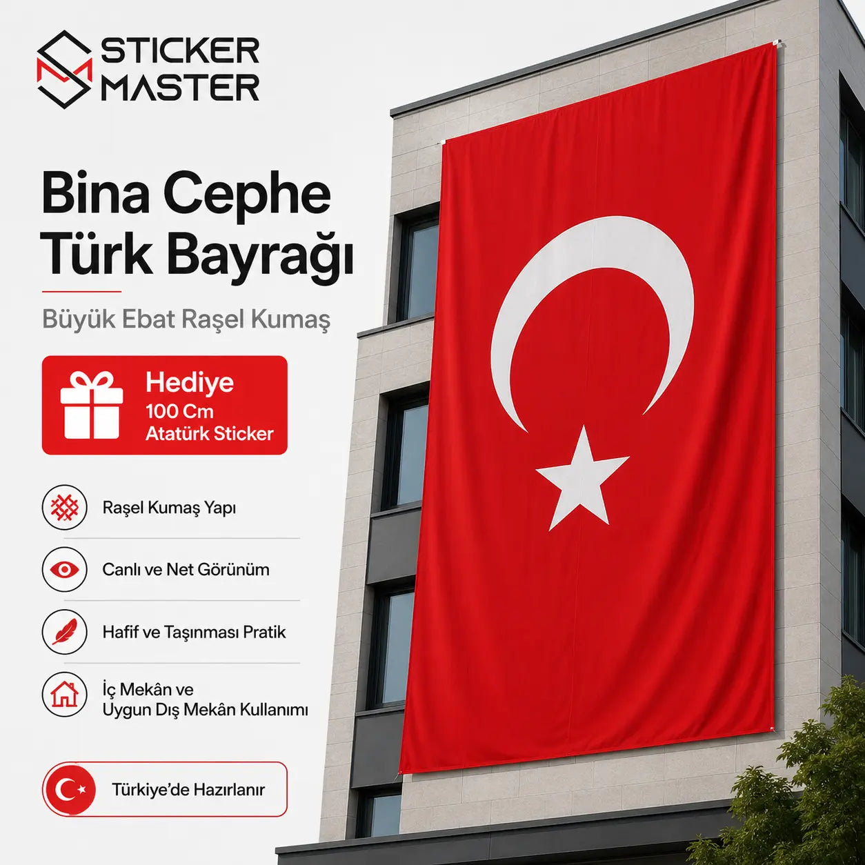 Bina Cephe Turk Bayragi – Buyuk Ebat Rasel Kumas bina aciklama