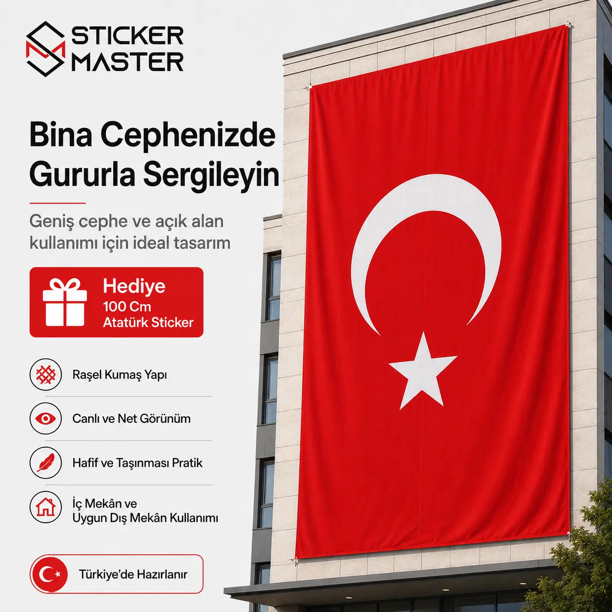 Bina Cephe Turk Bayragi – Buyuk Ebat Rasel Kumas bina gorunumu