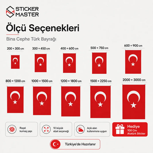 Bina Cephe Turk Bayragi – Buyuk Ebat Rasel Kumas boyutlar