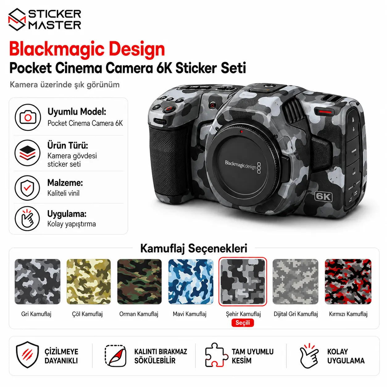 Blackmagic Pocket Cinema Camera 6K uyumlu şehir kamuflaj sticker seti