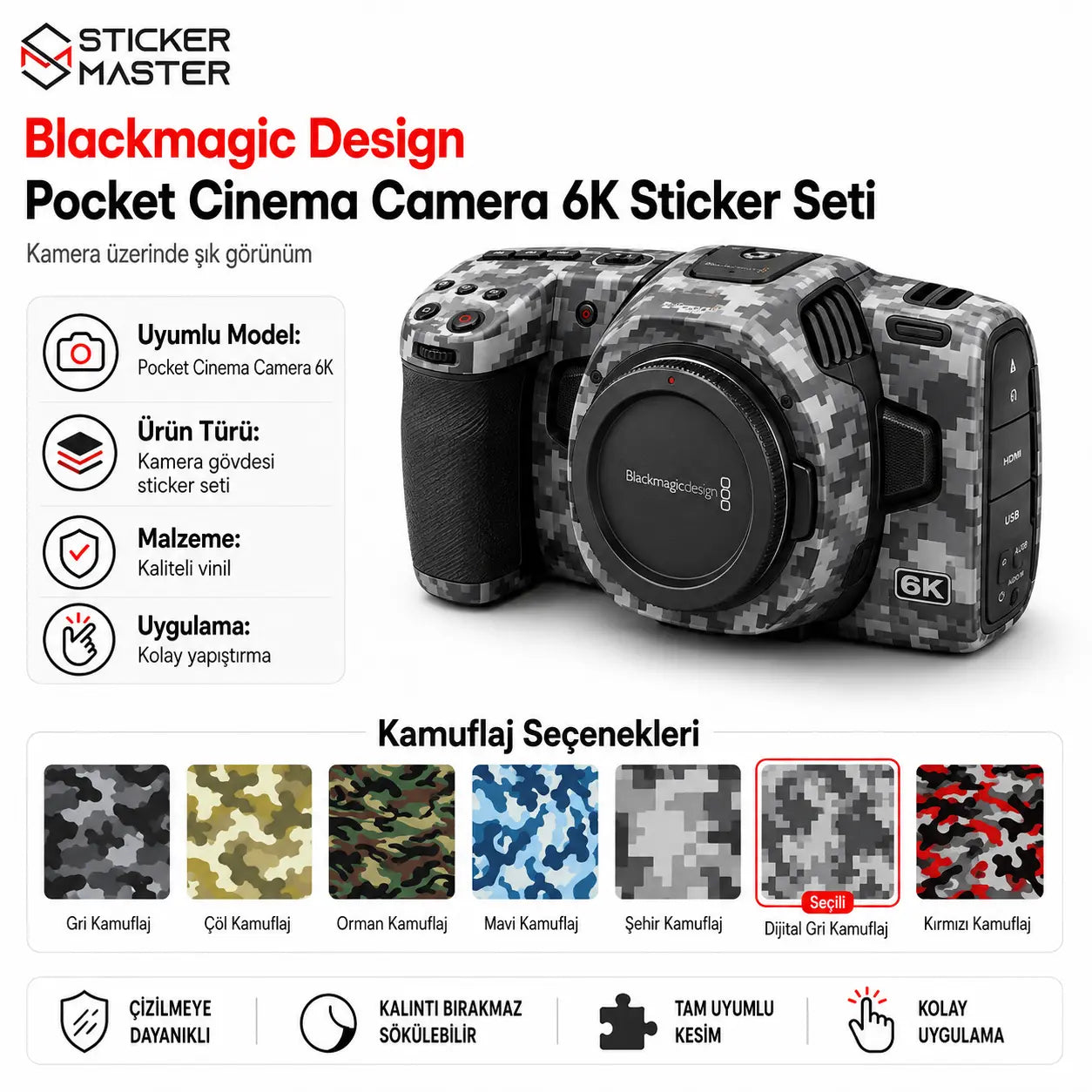 Blackmagic Pocket Cinema Camera 6K uyumlu dijital gri kamuflaj sticker seti