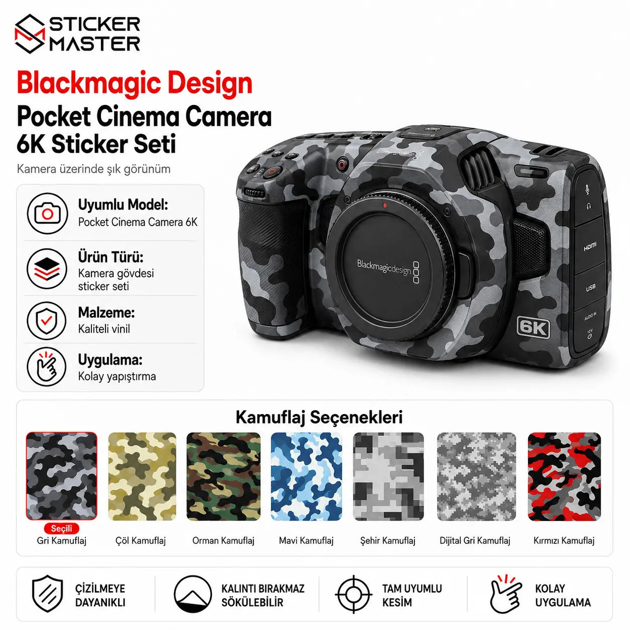 Blackmagic Pocket Cinema Camera 6K uyumlu gri kamuflaj sticker seti
