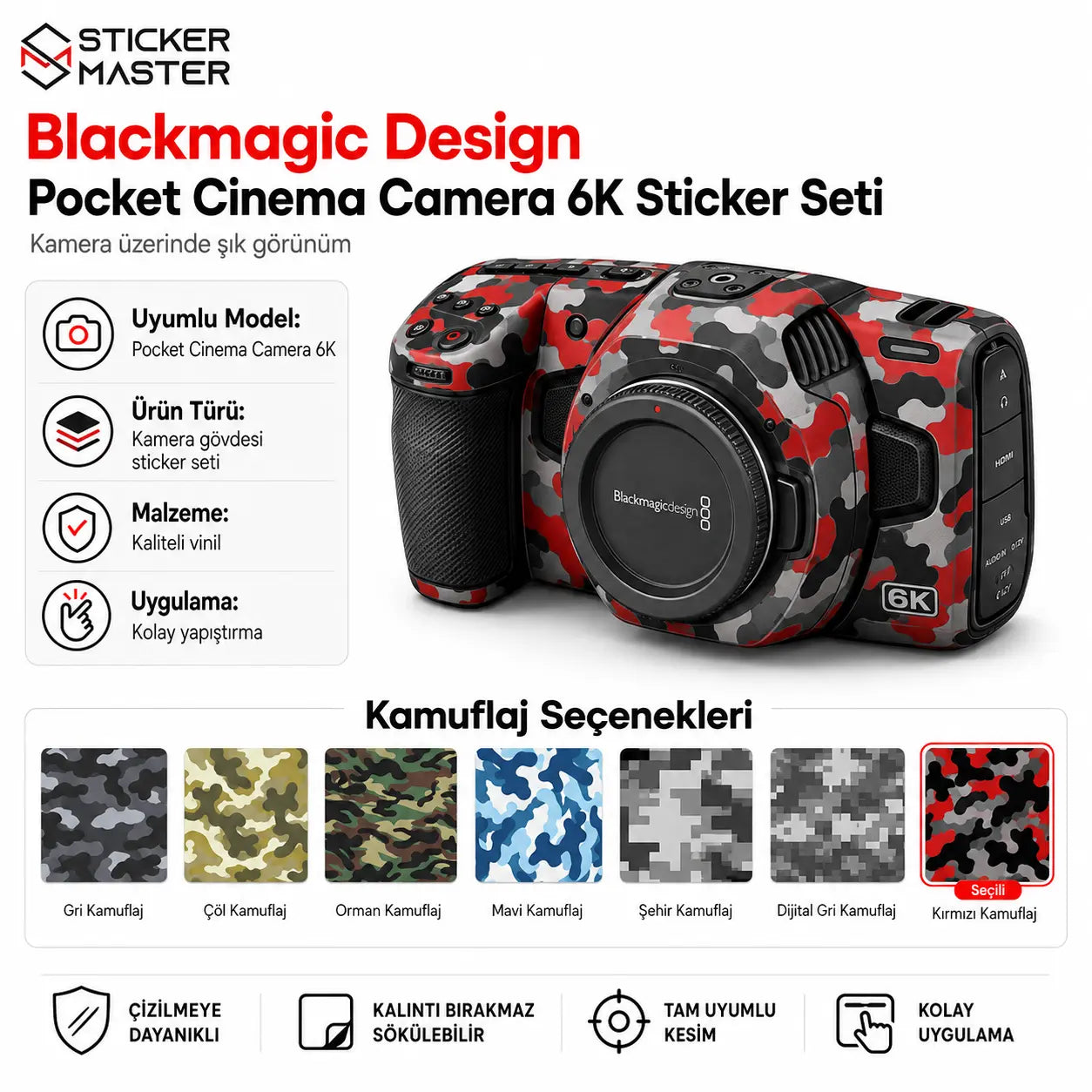 Blackmagic Pocket Cinema Camera 6K uyumlu kırmızı kamuflaj sticker seti