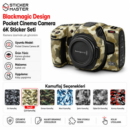 Blackmagic Pocket Cinema Camera 6K uyumlu çöl kamuflaj sticker seti