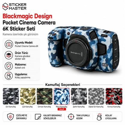 Blackmagic Pocket Cinema Camera 6K uyumlu mavi kamuflaj sticker seti