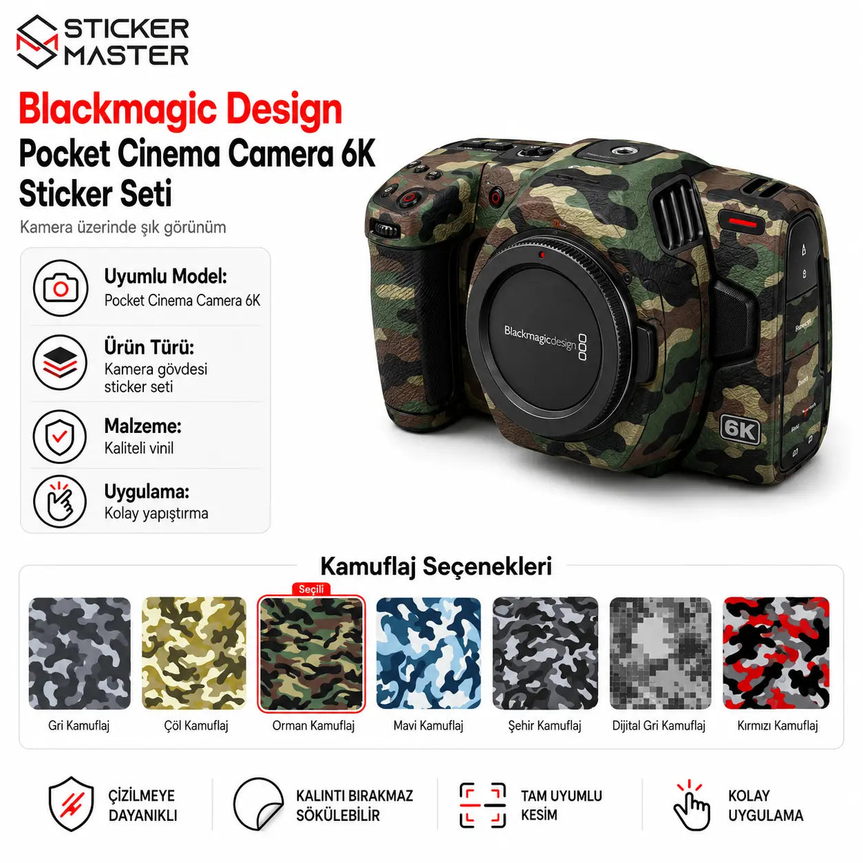 Blackmagic Pocket Cinema Camera 6K uyumlu orman kamuflaj sticker seti