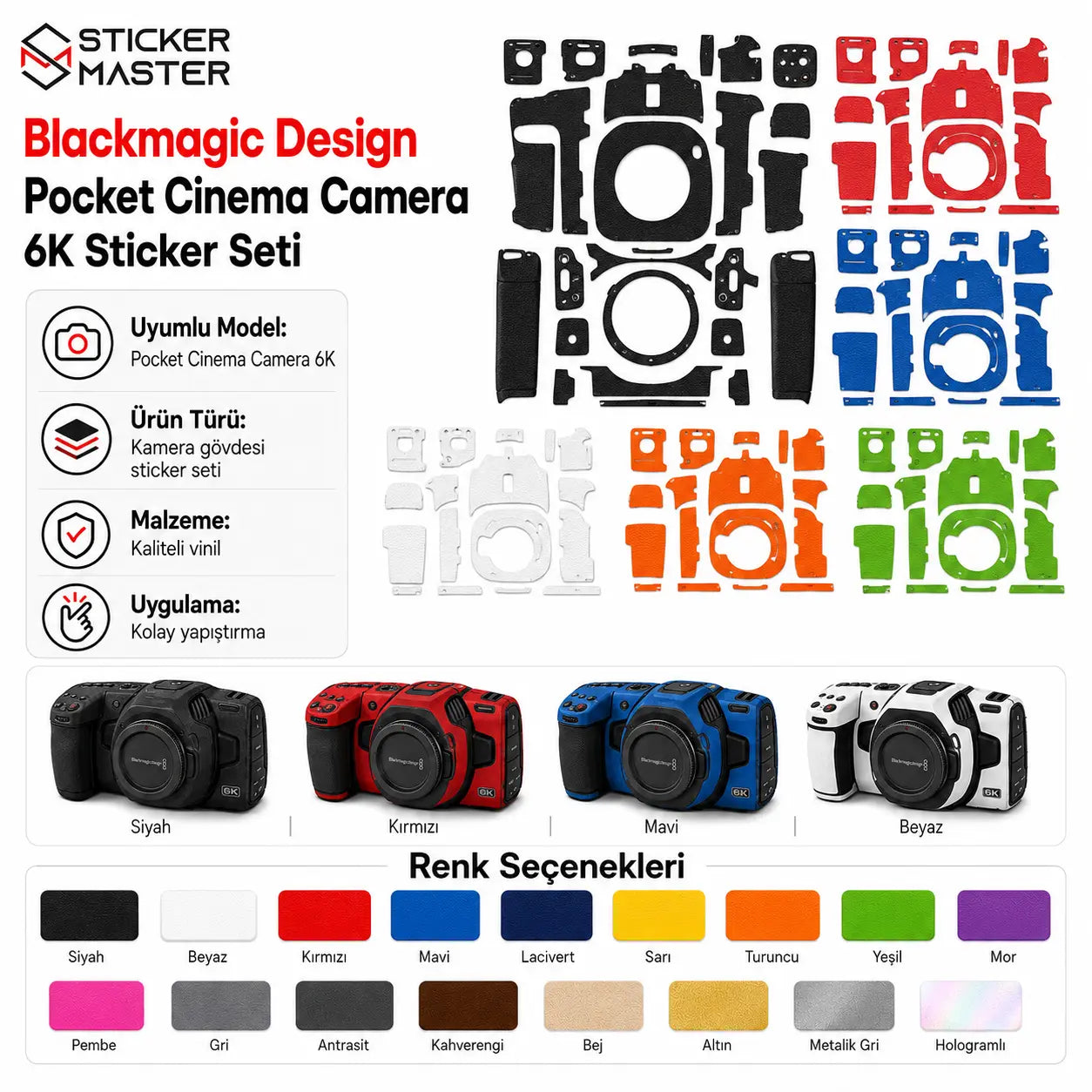 Blackmagic Pocket Cinema Camera 6K uyumlu sticker parçaları ve renk seçenekleri