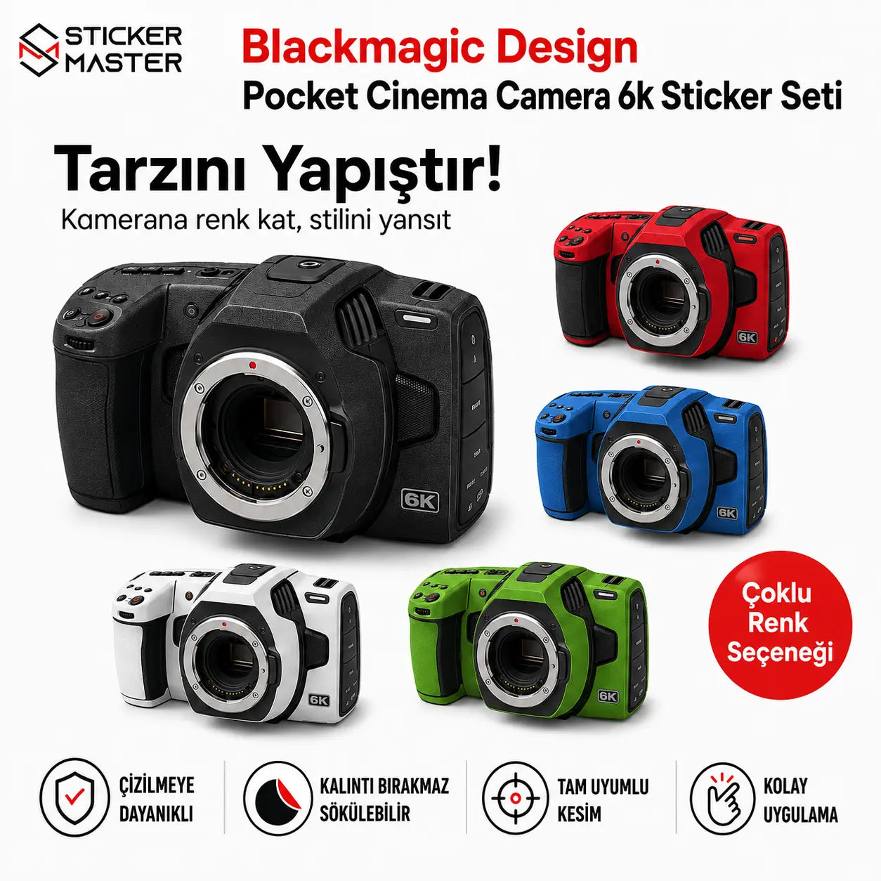 Blackmagic Pocket Cinema Camera 6K uyumlu sticker seti renk seçenekleri