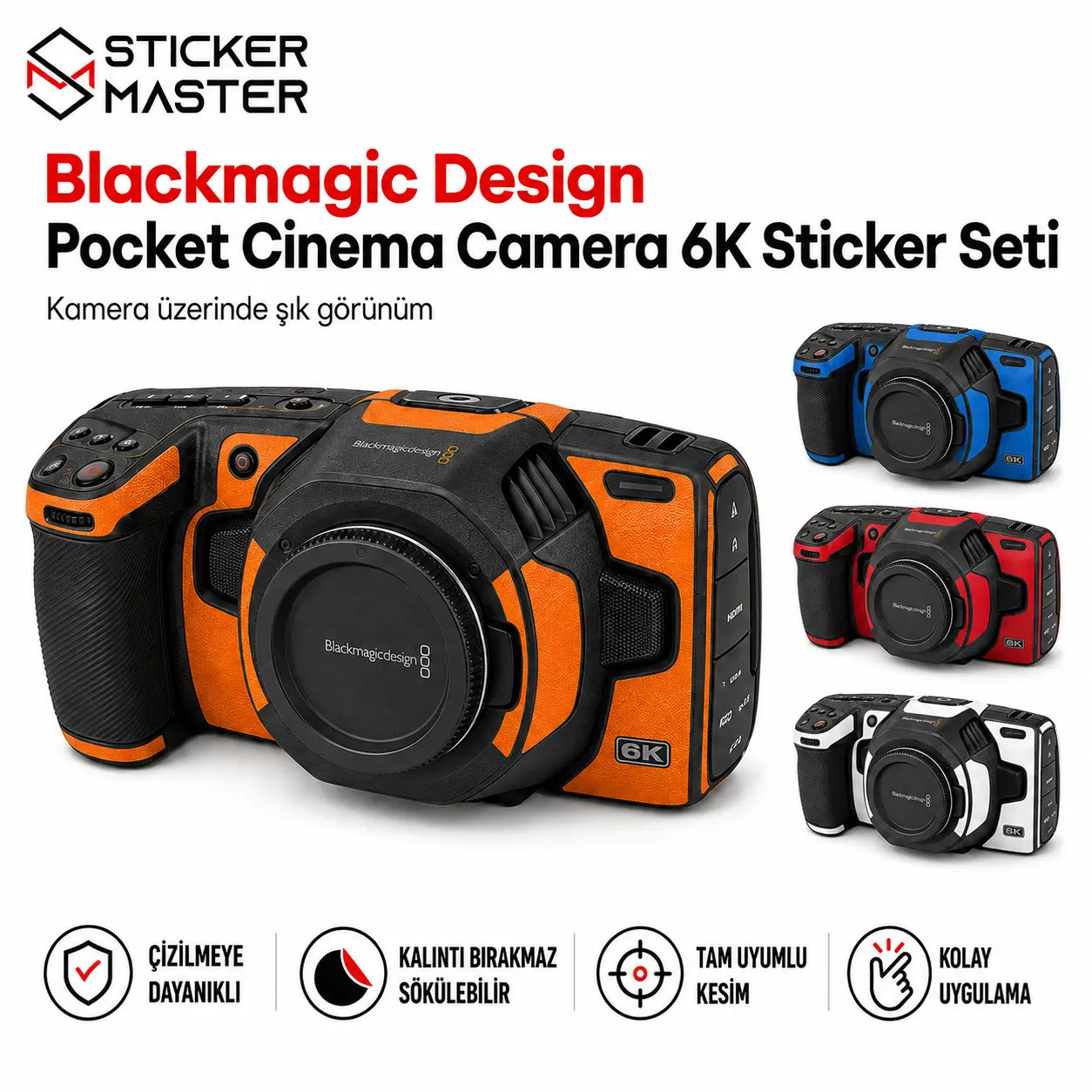 Blackmagic Pocket Cinema Camera 6K uyumlu turuncu sticker ve renk seçenekleri