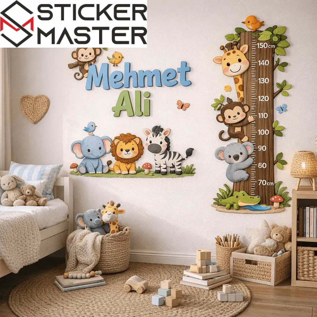 Boy Cetveli Sticker | İsimli Safari Hayvanları Çocuk Odası Decal Seti Sticker Master
